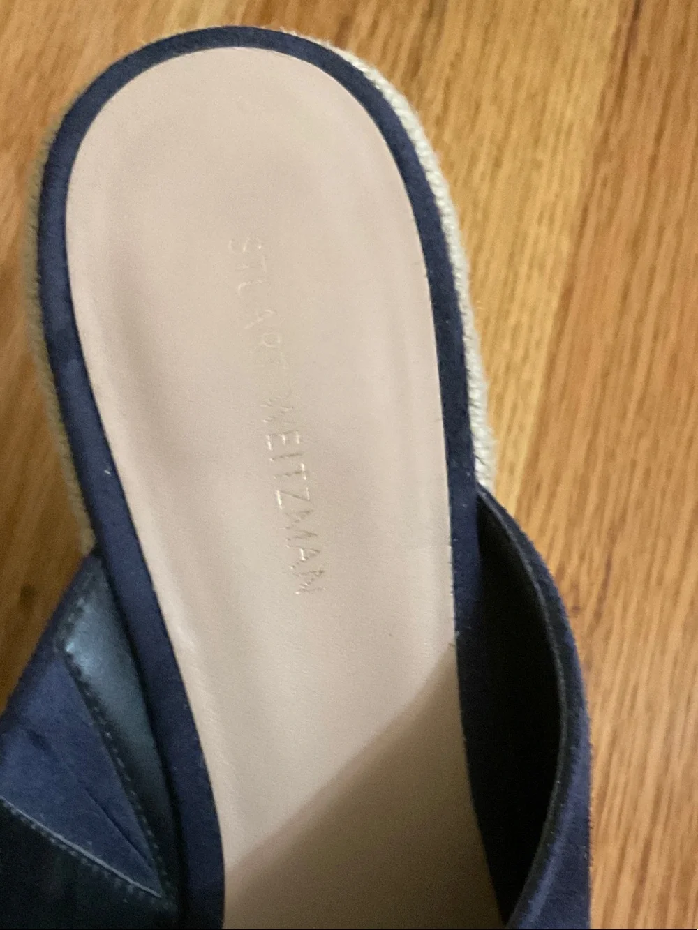 Stuart Weitzman Navy Suede Open-Toe Espadrille Mules